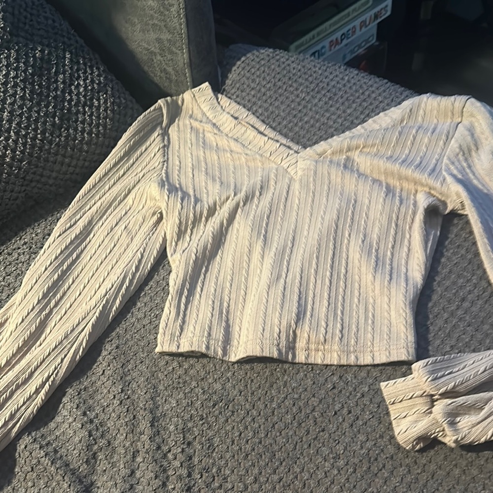 SHEIN Cream Ribbed Crop Blouse Long Sleeve